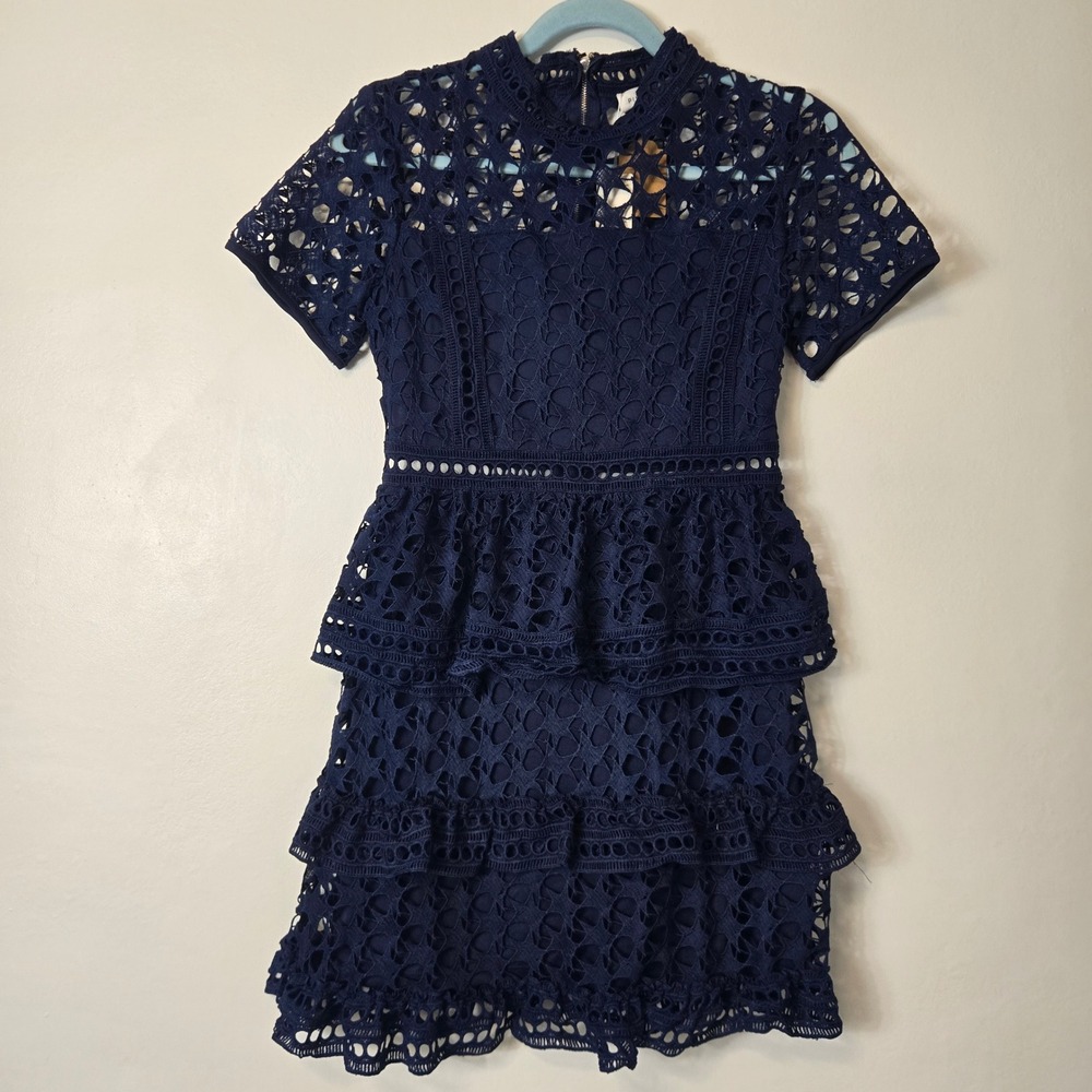Pink Stitch Navy Blue Crochet Lace Tiered Ruffle Mini Dress Short Sleeve Small